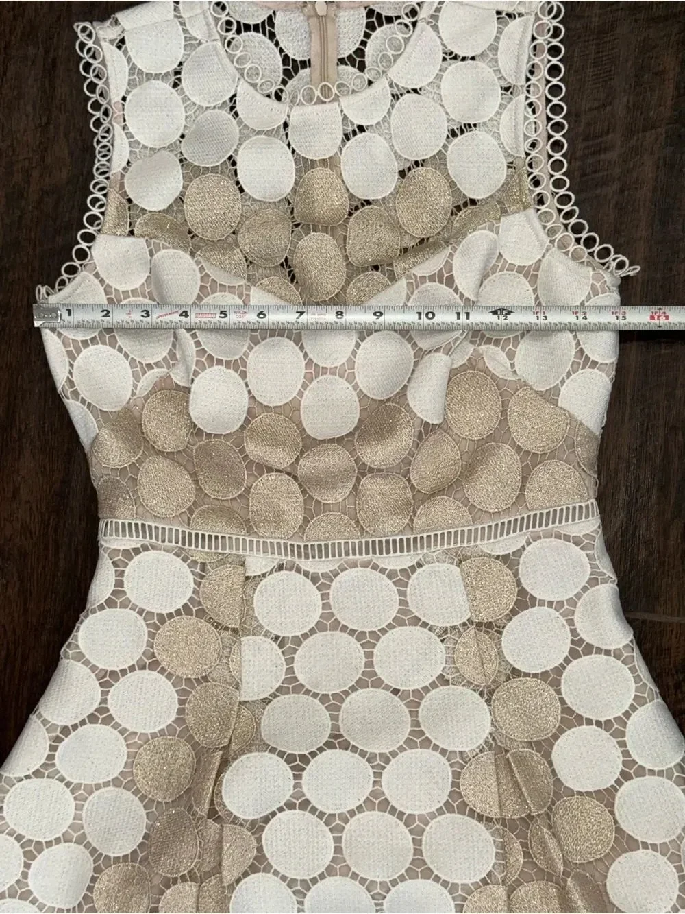 Shoshanna Glengarry Ivory Metallic Gold Circle Lace Midi Cocktail Dress